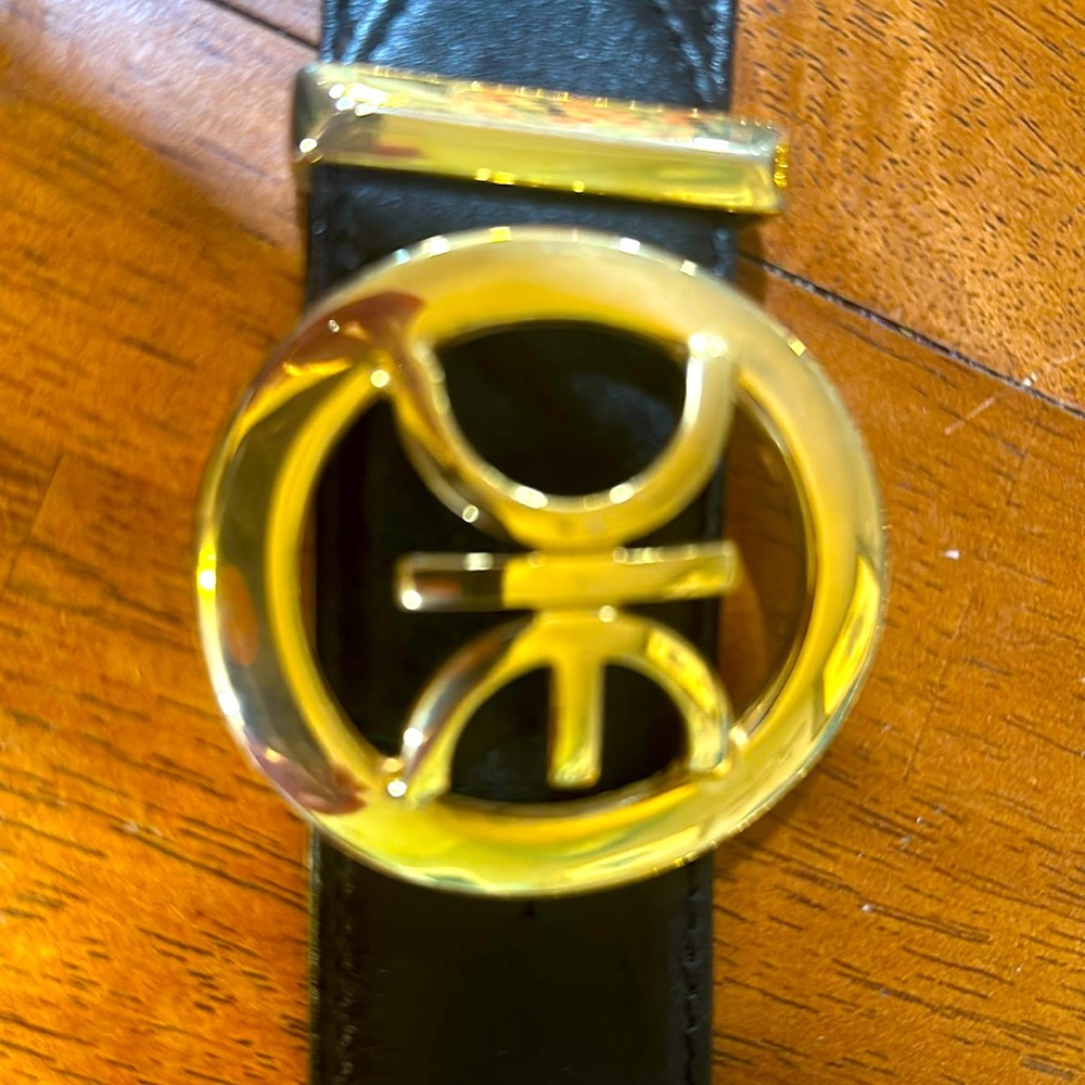 Iceberg Ice Black Leather Vintage Gold Tone Round Buckle Chains Waist  BELT